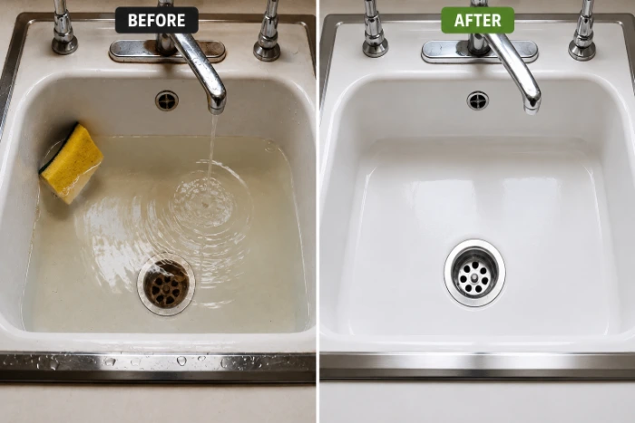 Before and after clogged sink drain cleaning in Belleville IL showing restored water flow after blockage removal